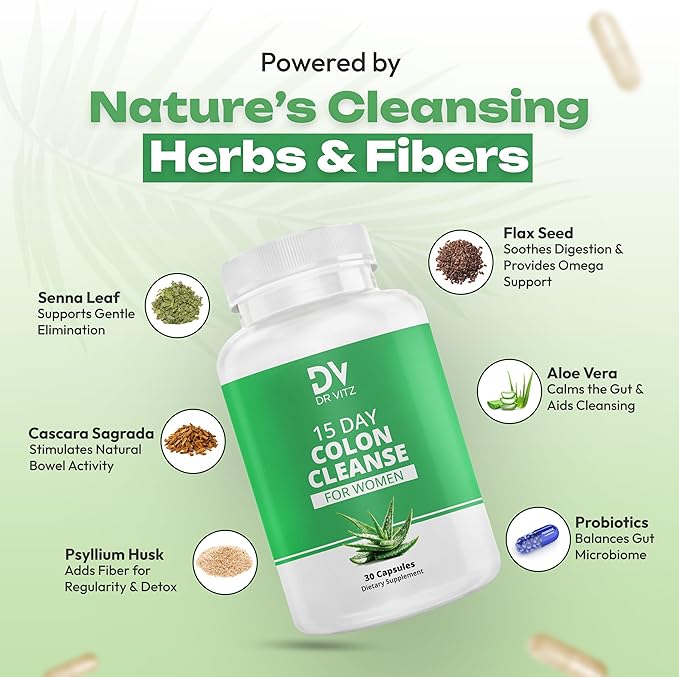 15 Day Colon Cleanse for Women – Natural Detox Pills with Herbs, Fiber & Probiotics – Bloating & Constipation Relief, Weight Loss & Gut Health Reset – 30 Capsules
