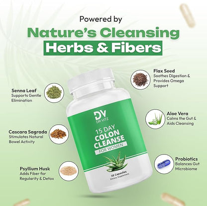 15 Day Colon Cleanse for Women – Natural Detox Pills with Herbs, Fiber & Probiotics – Bloating & Constipation Relief, Weight Loss & Gut Health Reset – 30 Capsules