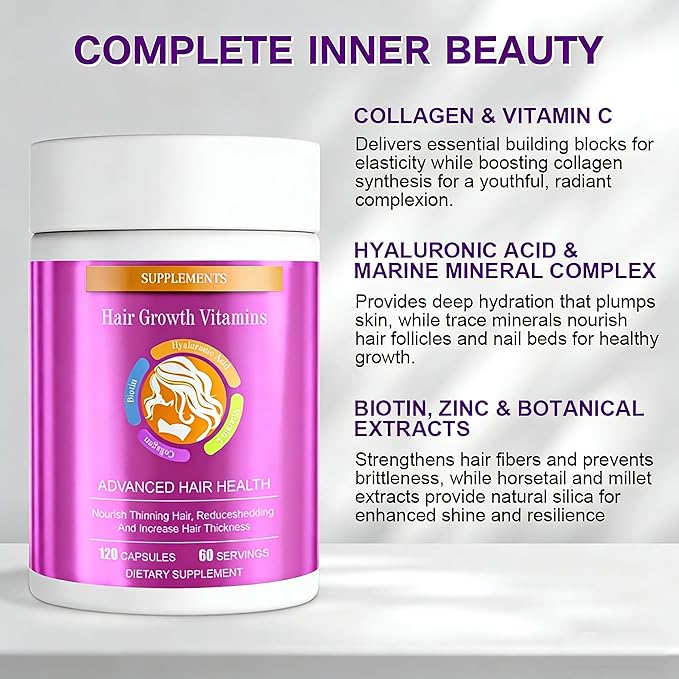 Biotin | Collagen | Hyaluronic Acid Supplement, Clinically Proven Hair Growth Support, Skin and Nails, 25000 mcg Vitamins B2, B3, B6 & B7 + B1 & Keratin Women & Men （120 Capsules）