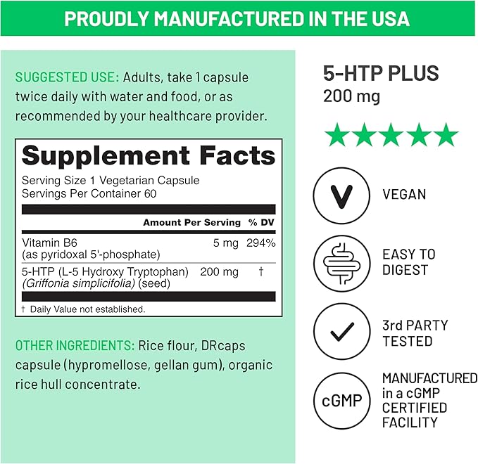 NatureWise 5-HTP 200mg Supplement from Griffonia Seeds with Cofactor Vitamin B6 - Mood Support and Natural Sleep Aid for Adults - Delayed-Release, Vegan - 60 Count[2-Month Supply]