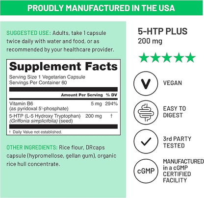 NatureWise 5-HTP 200mg Supplement from Griffonia Seeds with Cofactor Vitamin B6 - Mood Support and Natural Sleep Aid for Adults - Delayed-Release, Vegan - 60 Count[2-Month Supply]