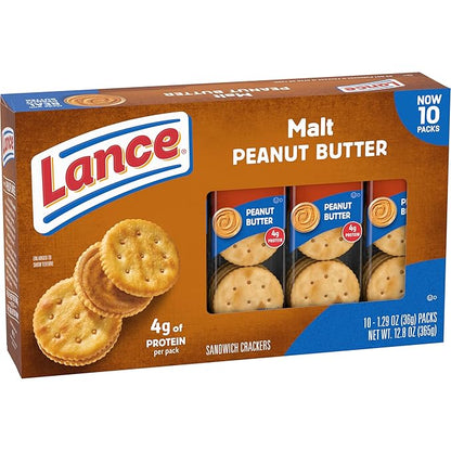 Lance Sandwich Crackers, Malt with Peanut Butter, 10 Individually Wrapped Packs, 6 Sandwiches Each