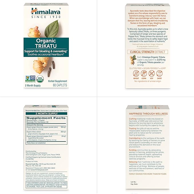 Himalaya Organic Trikatu, 60 Day Supply - Digestive Health Supplement for Occasional Bloating, Heartburn, and Indigestion Relief - USDA Organic, Vegan, Non-GMO, Gluten Free, 60 Caplets