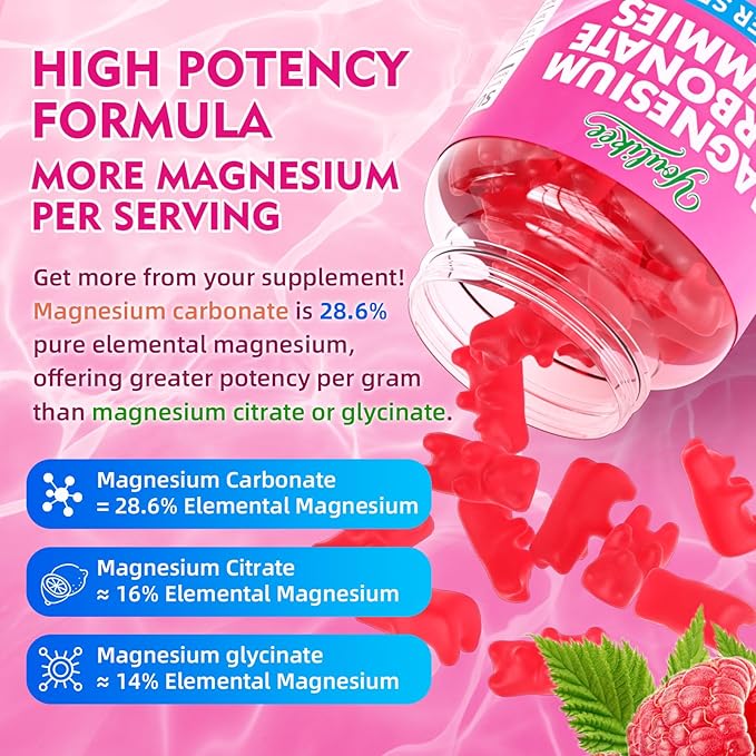 Magnesium Carbonate 500mg Gummies, High Absorption Magnesium Supplement for Adults - Support Muscle Function, Vegan, Sugar Free, Raspberry Flavor, 60 Count