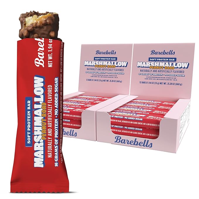 Barebells Soft Protein Bars Marshmallow Peanut Road – 24 Bars Total (2 Packs of 12) – High Protein Snacks with 16g of Protein, Fluffy Chocolate Nutritional Treat, No Added Sugar, Breakfast Bars