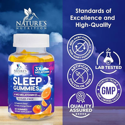 Melatonin Sleep Gummies - 6mg Per Serving - Sugar-Free Sleep Support Melatonin Gummy for Adults - Extra Strength Sleeping Gummy Supplement - Supports Restful Sleep - Tasty Orange Flavor - 60 Gummies