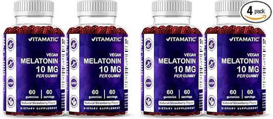 Vitamatic Melatonin 10 mg Vegetarian Gummies – Non-Habit Forming – 60 Gummies per Bottle – 4-Pack (Total 120 Vegan Gummies)