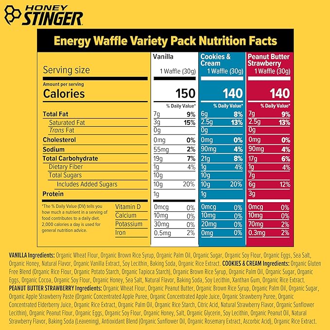 Honey Stinger Organic Energy Waffle Fan Favorites Variety Pack of 18, Vanilla, Cookies and Cream, 6 Pack Each of Peanut Butter Strawberry, Nutritious Stroopwafel Snack for Exercise, Cycling, Running