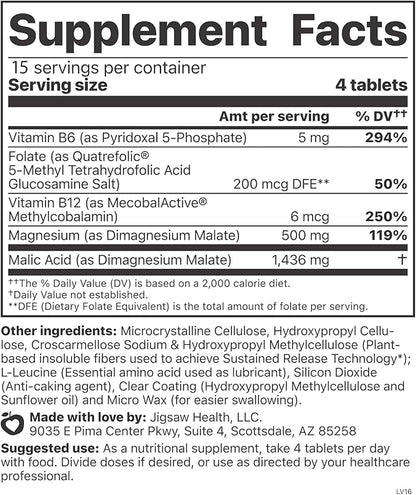 Jigsaw Health MagSRT | Magnesium Supplement with Vitamin B6, Folate & B12 | 60 Tablets | 15 Servings