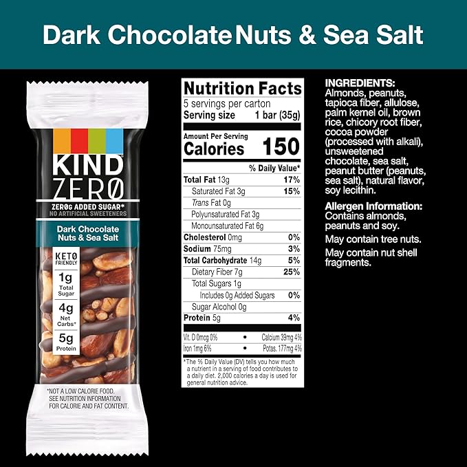 KIND ZERO Added Sugar Bars,Dark Chocolate Nuts and Sea Salt,Keto Friendly Snacks,Gluten Free,5g Protein,5 Count (Pack of 2)