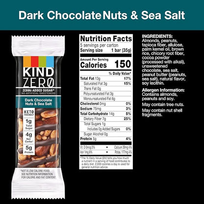 KIND ZERO Added Sugar Bars,Dark Chocolate Nuts and Sea Salt,Keto Friendly Snacks,Gluten Free,5g Protein,5 Count (Pack of 2)