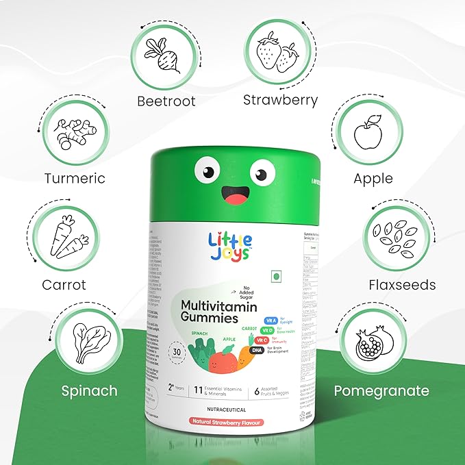 Little Joys Kids Multivitamin Gummies I Fiber-Based prebiotic Gummy | 2+Years I DHA (Omega-3), Vitamin C & D, B12, A, Zinc | Immunity & Bone Health | Sugar Free | Non GMO | Strawberry I 30 Day Pack
