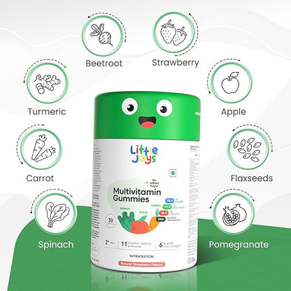 Little Joys Kids Multivitamin Gummies I Fiber-Based prebiotic Gummy | 2+Years I DHA (Omega-3), Vitamin C & D, B12, A, Zinc | Immunity & Bone Health | Sugar Free | Non GMO | Strawberry I 30 Day Pack