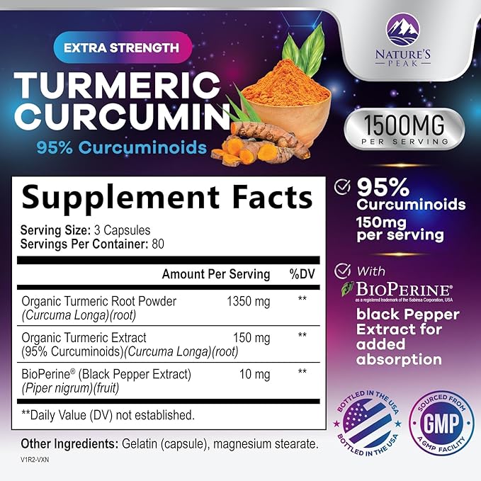 Turmeric Curcumin Supplement - 1350mg Organic Turmeric Per Serving - 95% Curcuminoids & BioPerine Black Pepper Extract for Best Absorption - Natural Vegan Joint Support, Bottled in USA - 240 Capsules