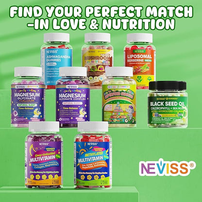 NEVISS Kids 4+ & Teens Super Greens 40-in-1 Gummies w/Multivitamin, Omega3 Iron, D3K2, Picky Eater Organic Super Fruits Veggies Superfood Gummy, Mushroom, Lutein | Immune Bone Brain Energy, Sugar Free