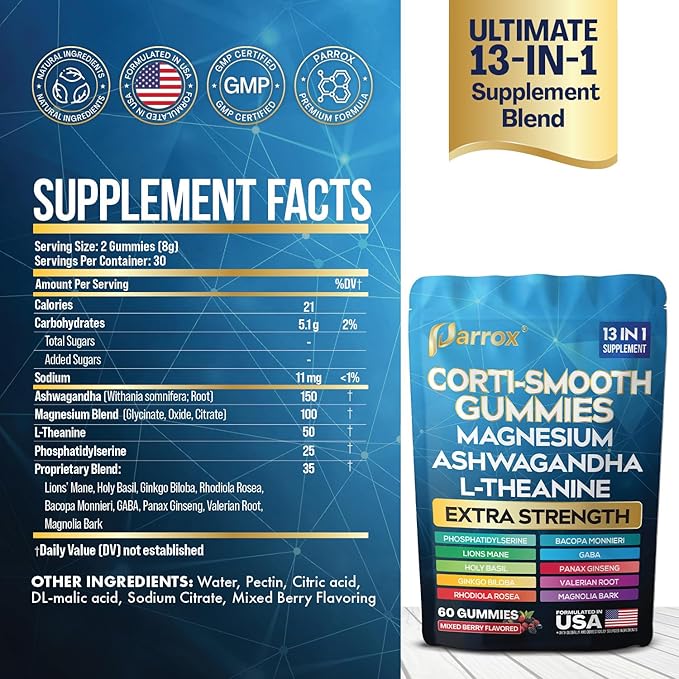 Corti-Smooth Cortisol Support Gummies with Magnesium, L-Theanine, Ashwagandha, Phosphatidylserine, Bacopa Monnieri, Lions Mane, Ginkgo Biloba, Valerian Root (Mixed Berry Flavor - 2 Pack)