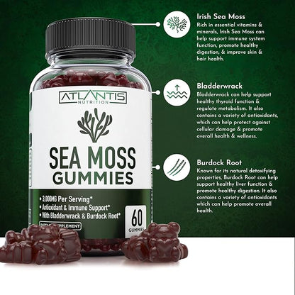 Irish Sea Moss Gummies - 3000MG - Formulated w/ Irish Sea Moss, Bladderwrack & Burdock Root, Contain Essential Vitamin & Mineral - Antioxidant-Rich Superfood Supplement, 60 Sea Moss Gummies for Adults