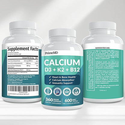 4-in-1 Calcium Supplements for Women and Men - Calcium with Vitamin D3 K2 5000 IU Supplement, 601mg per Serving for Heart, Bones & Body Defenses - Gluten-Free, Vegan-Friendly (360 ct) (Pack of 1)