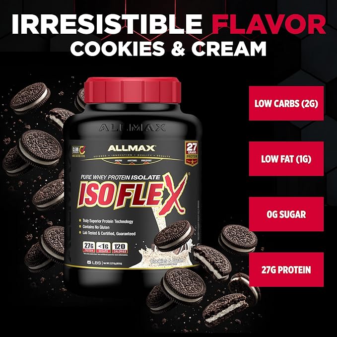 ALLMAX ISOFLEX Pure Whey Isolate Protein Powder - Gluten Free, Low Lactose, Sugar-Free - High-Protein, Clean, Keto-Friendly for Pre Post Workout Supplement for Women and Men | Cookies & Cream, 5lb