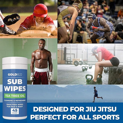 Gold BJJ Jiu Jitsu Wipes [XL 45 Count] Tea Tree Oil Face and Body Wipe - Cleansing Skin Defense for Martial Arts & Wrestling