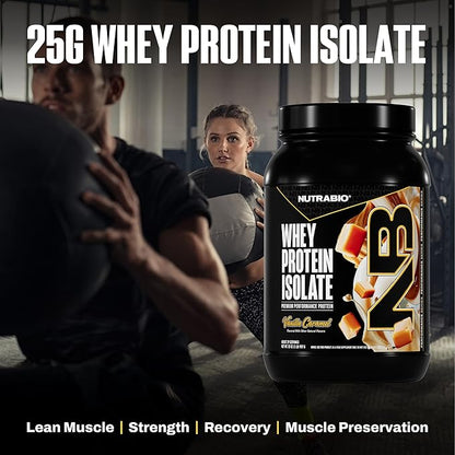 NutraBio 100% Whey Protein Isolate Protein Powder, 25g Protein with Complete Amino Acid Profile, Non-GMO, Soy & Gluten Free, Low Carb, Low Calorie Whey Protein Powder, Vanilla Caramel, 2 Lbs