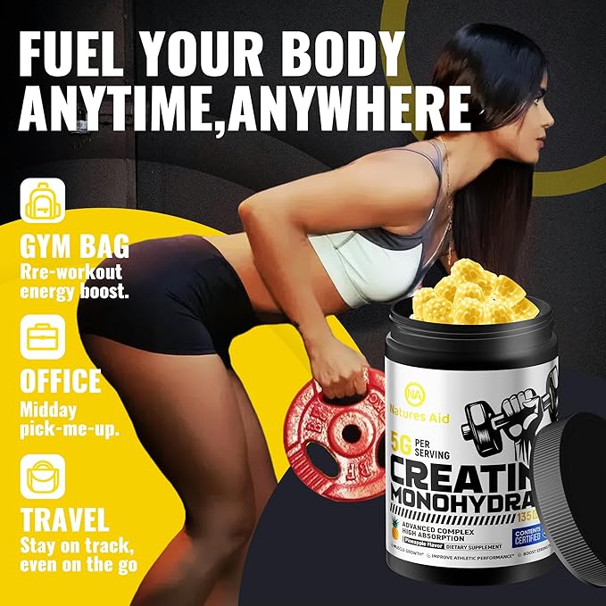 Natures Aid NSF Certified Creatine Gummy 5g - Creatine Monohydrate Gummies – Pre-Workout Energy & Muscle Growth Support for Men & Women | Pineapple Electrolyte Gummies (135 Count)