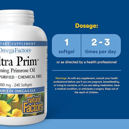 Omega Factors by Natural Factors, Ultra Prim Evening Primrose Oil, Promotes Women's and Immune Health with Omega-6 GLA, 240 softgels (240 servings)