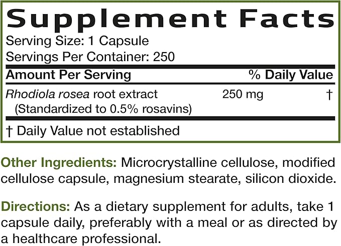 Bronson Rhodiola Rosea Vegetarian Capsules - Adaptogenic Herb - Brain, Stress & Mood Support - Non-GMO, 250 Count
