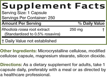Bronson Rhodiola Rosea Vegetarian Capsules - Adaptogenic Herb - Brain, Stress & Mood Support - Non-GMO, 250 Count