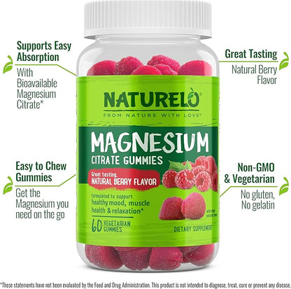NATURELO Magnesium Citrate Gummies - for Calm & Relaxation Support, Natural Berry Magnesium Gummies, 60 Vegetarian Gummies (Pack of 2)