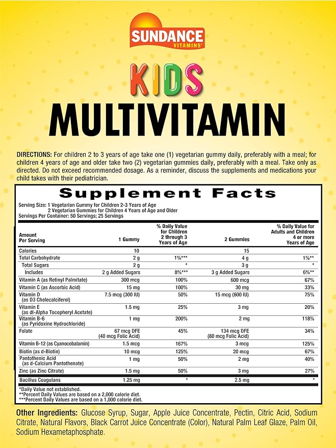 Sundance Kids Multivitamin Gummies | with Vitamins D3, C, B12, and Zinc | 50 Count | Mixed Berry Flavor | Vegetarian, Non-GMO & Gluten Free Supplement