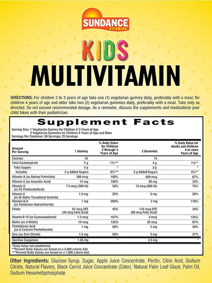 Sundance Kids Multivitamin Gummies | with Vitamins D3, C, B12, and Zinc | 50 Count | Mixed Berry Flavor | Vegetarian, Non-GMO & Gluten Free Supplement