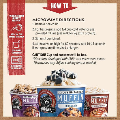 Kodiak Cakes Minute Muffin Cup Variety Pack - 100% Whole Grains, Double Dark Chocolate, Blueberry & Cinnamon Roll, 2.36 oz (Pack of 12)