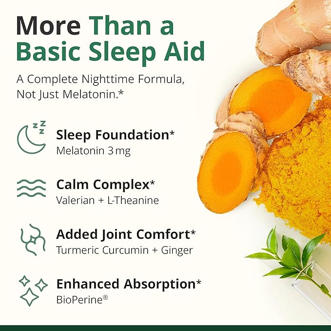 Melatonin 3mg Sleep Aid with L-Theanine & Valerian Root – Turmeric Curcumin Supplement with Ginger & Black Pepper – Organic Turmeric Supplement for Sleep, Calm and Stress Relief Support – 60 Capsules