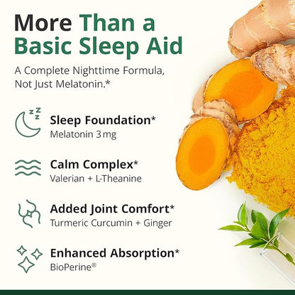 Melatonin 3mg Sleep Aid with L-Theanine & Valerian Root – Turmeric Curcumin Supplement with Ginger & Black Pepper – Organic Turmeric Supplement for Sleep, Calm and Stress Relief Support – 60 Capsules
