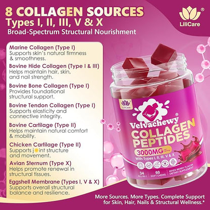 Collagen Gummies + Biotin Soft Chews 3000mg for Women & Men, Ultra Hydrolyzed Collagen Peptides Boosting Type I,II,III,V,X, Vitamin C, E, Anti-Aging Formula for Hair, Skin & Nails, Digestion,Bone,60Ct