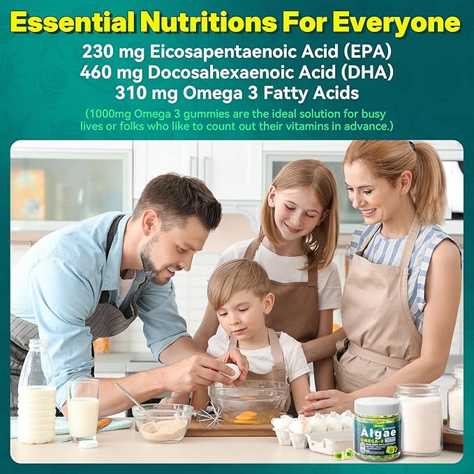 Vegan Omega-3 Gummies for Adults, Fish Oil Alternative from Algae Oil, Plant Based DHA 460mg & EPA 230mg Plus MethylFolate, Vitamin B12, Phosphatidylserine, No Fishy Taste, Vegan, Sugar Free, 60 Cts