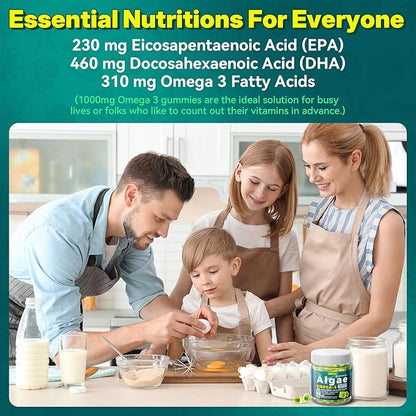 Vegan Omega-3 Gummies for Adults, Fish Oil Alternative from Algae Oil, Plant Based DHA 460mg & EPA 230mg Plus MethylFolate, Vitamin B12, Phosphatidylserine, No Fishy Taste, Vegan, Sugar Free, 60 Cts