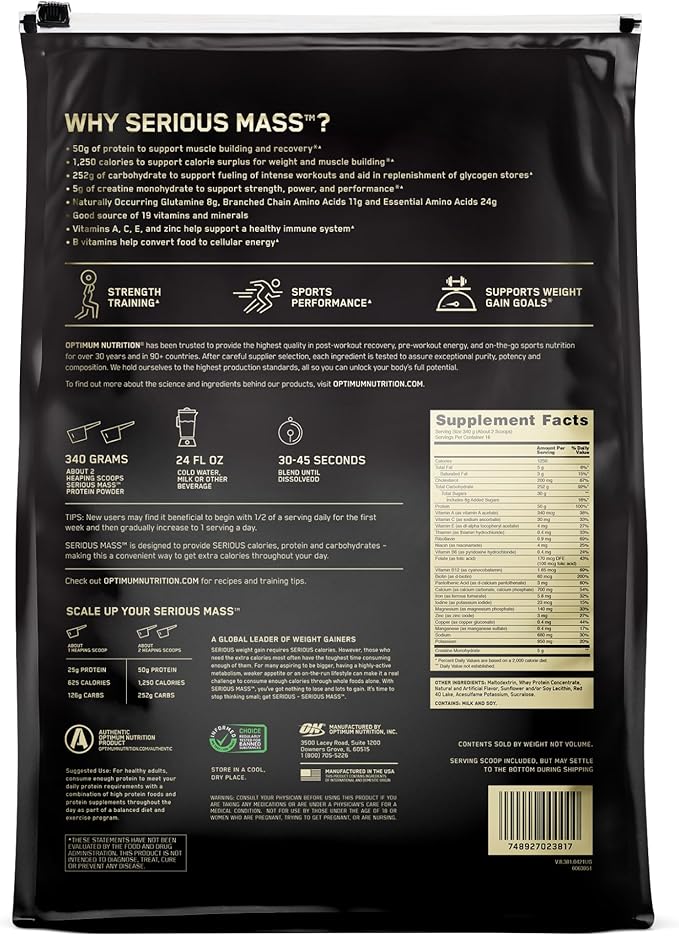 Optimum Nutrition Serious Mass, Weight Gainer Protein Powder, Mass Gainer, Vitamin C and Zinc for Immune Support, Creatine, Strawberry, 12 Pound (Packaging May Vary)