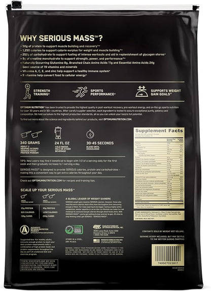 Optimum Nutrition Serious Mass, Weight Gainer Protein Powder, Mass Gainer, Vitamin C and Zinc for Immune Support, Creatine, Strawberry, 12 Pound (Packaging May Vary)