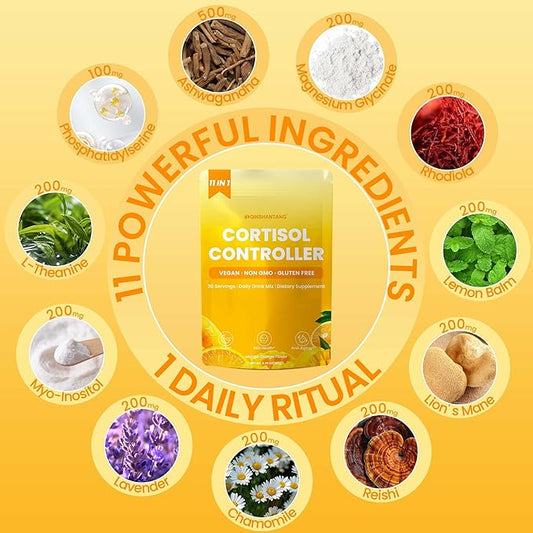 Cortisol Drink Powder, Cortisol Supplements for Women | Magnesium Glycinate, Ashwagandha, L-Theanine & Lion’s Mane | Relaxation, Focus & Stress Balance | Mango Orange Flavor | 30 Servings