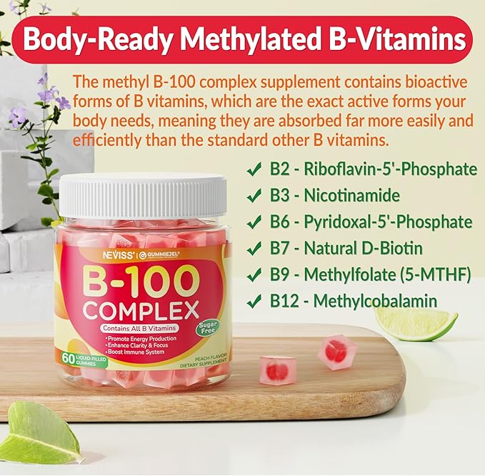 2 Pack Super Vitamin B Complex Gummies - Methylated B Complex for Women & Men, All B Vitamins, Methyl B12, Methylfolate, Vitamin C, Choline, Inositol, PABA for Energy, Brain & Immune, 0g Sugar, Vegan