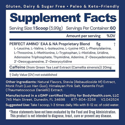 BodyHealth PerfectAmino Powder - BCAA and EAA Powder for Pre and Post Workout - Amino Acid Energy Drink for Men and Women to Support Lean Muscle and Recovery - Mocha - 60 Servings