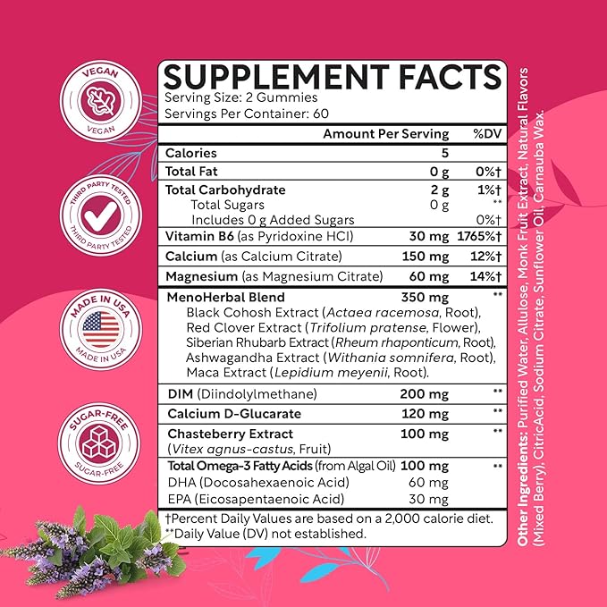 Menopause Supplements for Women, Hormone Balance & PMS Relief Gummies, with DIM, Vitamin B6, Chasteberry & Black Cohosh, Supports Bloating | Cramps | Hot Flashes | Night Sweats | Mood Swings, 120 Ct