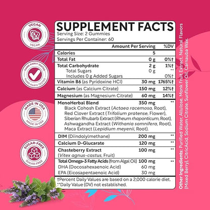 Menopause Supplements for Women, Hormone Balance & PMS Relief Gummies, with DIM, Vitamin B6, Chasteberry & Black Cohosh, Supports Bloating | Cramps | Hot Flashes | Night Sweats | Mood Swings, 120 Ct
