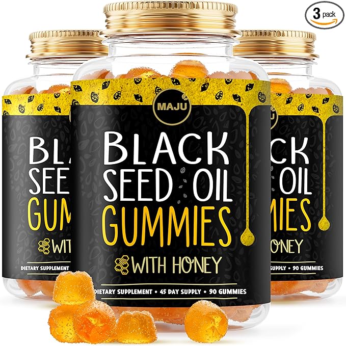 MAJU's Black Seed Oil Gummies with Honey 90ct, 500mg BSO Gummy, Black Cumin Seed Nigella Sativa Oil, Cold-Pressed, Potent Formula, 90ct (3-Pack)