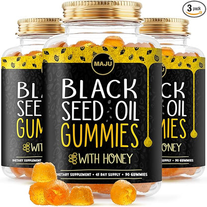 MAJU's Black Seed Oil Gummies with Honey 90ct, 500mg BSO Gummy, Black Cumin Seed Nigella Sativa Oil, Cold-Pressed, Potent Formula, 90ct (3-Pack)