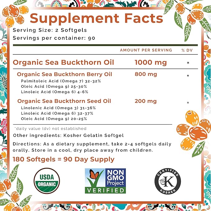 SeabuckWonders Complete Omega 3-6-7-9 Organic Sea Buckthorn Oil, 180 Softgels, 90 Day Supply, Supports Hair, Skin & Nails, Overall Health & Wellness