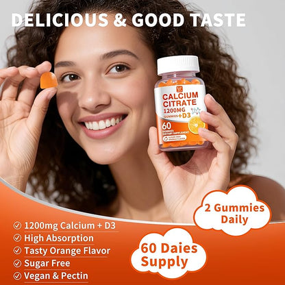 (3 Pack) Calcium Citrate 1200 mg with Vitamin D3 Gummies for Women & Men,Calcium Supplements,High Absorption for Bone Muscle Healthy - Easy to Digest, Sugar Free,Vegan,Orang Flavor,60 Day Supply