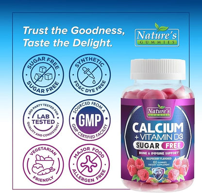 Calcium Supplement Gummies - Sugar Free Calcium Gummy with Vitamin D3 for Best Absorption - Supports Immune Health, Bones & Teeth - Nature's Calcium Chews for Women & Men - Berry Flavor - 60 Gummies